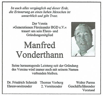 Der Verein trauert um sein Ehren- und Gründungsmitglied Manfred Vonderthann.